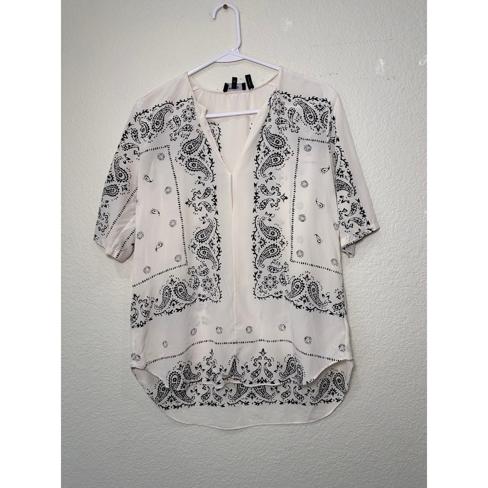 Theory Antazie Bandana Tile CDC Silk Blouse‎ Ivory Black Paisley Print Size P